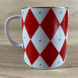 Williams Sonoma Red Diamond Harlequin Coffee Mug Tea Green Dots Gold Rim Japan
